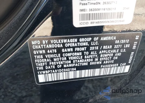 2013 Volkswagen Passat 2.5L Se from USA, damaged, VIN 1VWBP7A31DC042104